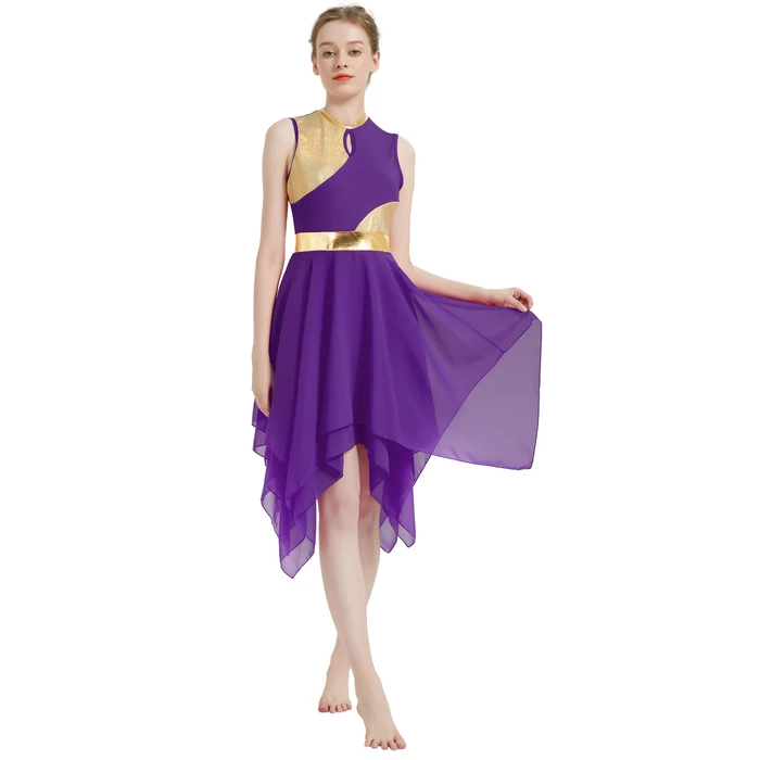 yrsZX Women's Praise Dance Tunic Metallic Color Block Sleeveless Liturgical Dancewear Irregular Hem Lyrical Dance Dress Tag M, Purple by yrsZX - Used - Like New condition - US$32.29