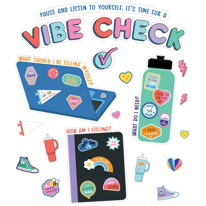 Carson Dellosa We Stick Together 51-Piece Vibe Check Bulletin Board Set, Colorful Laptop, Water Bottle, Notebook, and Sticker Accents for Bulletin Board, White Board, and Colorful Classroom Décor by Carson Dellosa Education - Used - Like New condition - CA$12.84