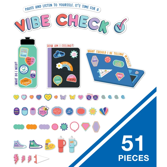 Carson Dellosa We Stick Together 51-Piece Vibe Check Bulletin Board Set, Colorful Laptop, Water Bottle, Notebook, and Sticker Accents for Bulletin Board, White Board, and Colorful Classroom Décor by Carson Dellosa Education - Image 2