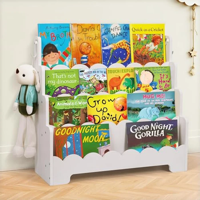 Tohiasen Kids Bookshelf Wooden 4-Tier, Scalloped Book Shelf for Kids Rooms, Front Facing Toddler Montessori Bookshelf, Baby Nursery Book Shelves Kid Classroom Book Shelf Bookcase by Tohiasen - Used - Acceptable condition