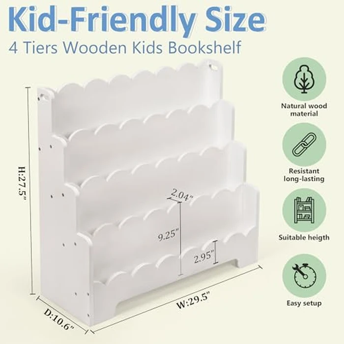 Tohiasen Kids Bookshelf Wooden 4-Tier, Scalloped Book Shelf for Kids Rooms, Front Facing Toddler Montessori Bookshelf, Baby Nursery Book Shelves Kid Classroom Book Shelf Bookcase by Tohiasen - Image 2