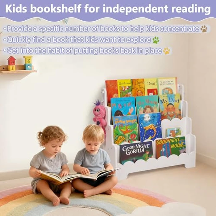 Tohiasen Kids Bookshelf Wooden 4-Tier, Scalloped Book Shelf for Kids Rooms, Front Facing Toddler Montessori Bookshelf, Baby Nursery Book Shelves Kid Classroom Book Shelf Bookcase by Tohiasen - Image 5