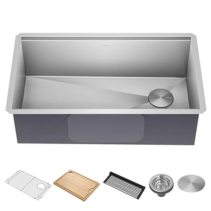 KRAUS Kore 32-Inch Undermount Workstation 16 Gauge Single Bowl Stainless Steel Kitchen Sink with Accessories, KWU110-32 by Kraus - Used - Acceptable condition