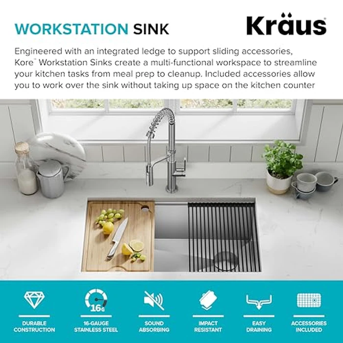 KRAUS Kore 32-Inch Undermount Workstation 16 Gauge Single Bowl Stainless Steel Kitchen Sink with Accessories, KWU110-32 by Kraus - Image 3
