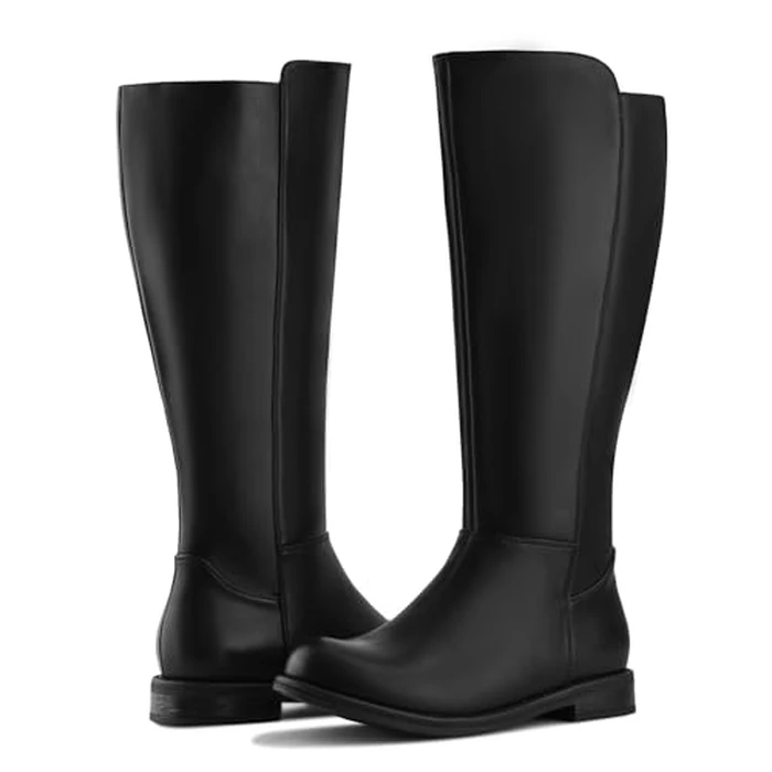 Shoe'N Tale Wide Calf Knee High Boots for Women Flat Low Heel Width Stretchy Round Toe with Side Zipper Fall and Winter Fashion Comfortable(8,Black PU) by Shoe'N Tale - Used - Very Good condition - US$18.42