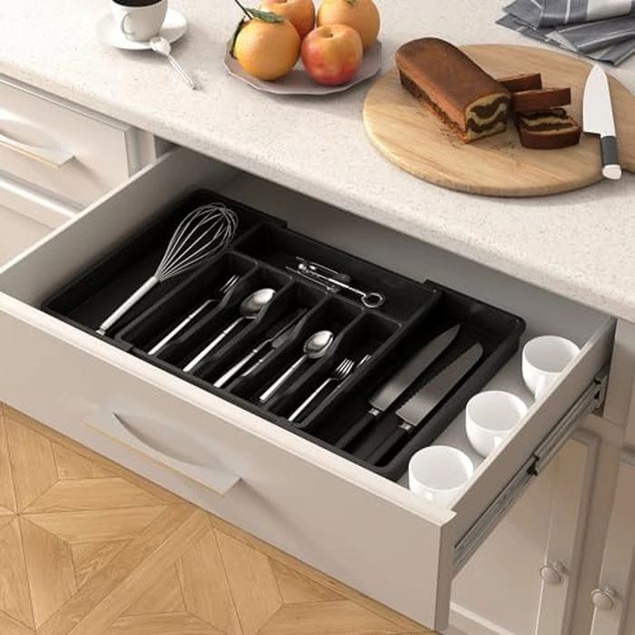 Lifewit Silverware Drawer Organizer, Expandable Utensil Tray for Kitchen, BPA Free Flatware and Cutlery Holder, Adjustable Plastic Storage for Spoons Forks Knives, 13-22 x 15", Black by Lifewit - Image 8