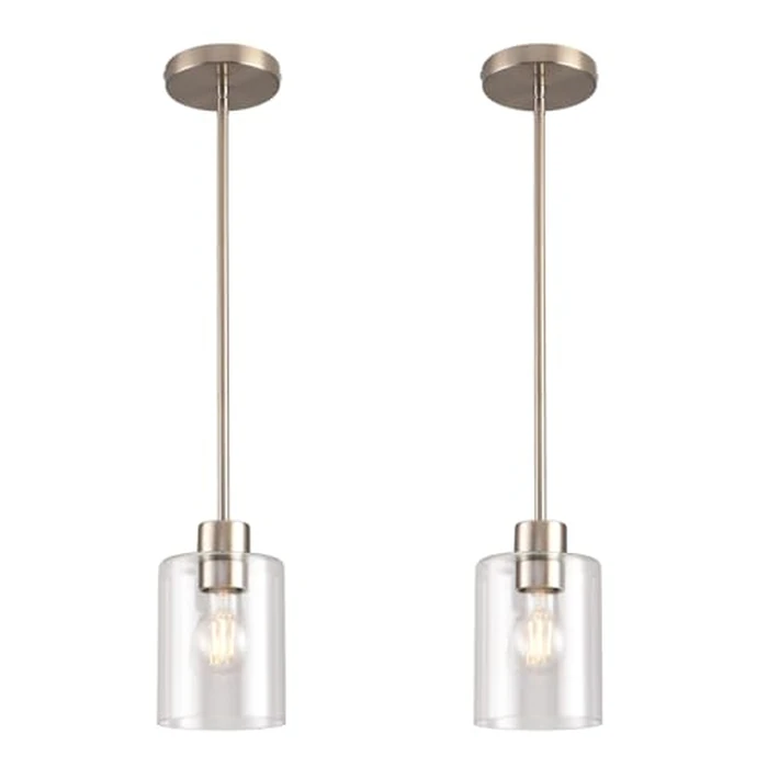 Brushed Nickel Pendant Lights,Modern Farmhouse Pendant Light,Light Fixture Kitchen Pendant Mini Hanging Light for Sink Island,Adjustable Height,Home Décor Lighting (Brushed Nickel 2 pack Stem Rod) by KLSS - Used - Acceptable condition - US$47.61