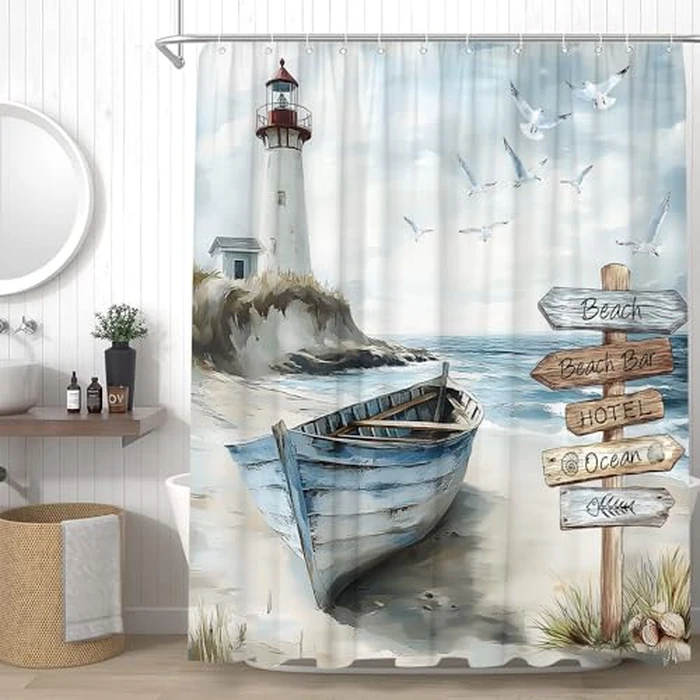 YSSFAV Lighthouse Shower Curtain Coastal Beach Ocean Sailboat Seagull Seaside Blue Teal Bathroom Decor Curtains Set with Hooks, 70" W x 70" H by YSSFAV - Used - Acceptable condition