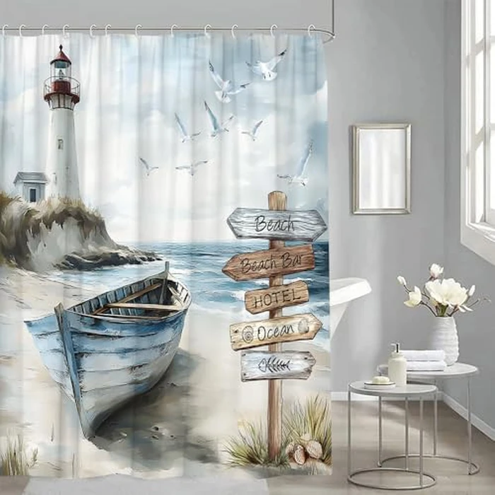 YSSFAV Lighthouse Shower Curtain Coastal Beach Ocean Sailboat Seagull Seaside Blue Teal Bathroom Decor Curtains Set with Hooks, 70" W x 70" H by YSSFAV - Image 2