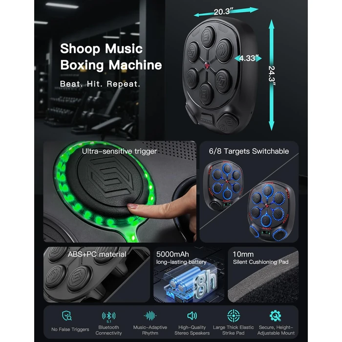 shroop Music Boxing Machine for Adults & Kids - Wall-Mounted Interactive Bluetooth Punch Trainer, High-Sensitivity, Rhythm Adaptation, 6/8 Targets, Ideal for Home, Office, and Gym Use by shroop - Image 2