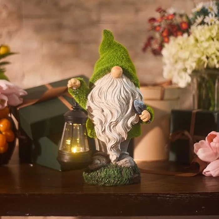 TERESA'S COLLECTIONS Christmas Outdoor Statue for Home, Resin Gnome Decorations with Solar Outdoor Lights for Garden Decor,Green Garden Sculptures & Statues for Front Patio Lawn, Gifts for Mom,12" by TERESA'S COLLECTIONS - Image 4