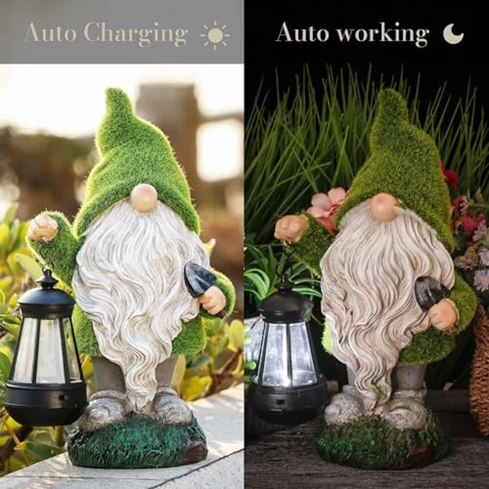 TERESA'S COLLECTIONS Christmas Outdoor Statue for Home, Resin Gnome Decorations with Solar Outdoor Lights for Garden Decor,Green Garden Sculptures & Statues for Front Patio Lawn, Gifts for Mom,12" by TERESA'S COLLECTIONS - Image 6