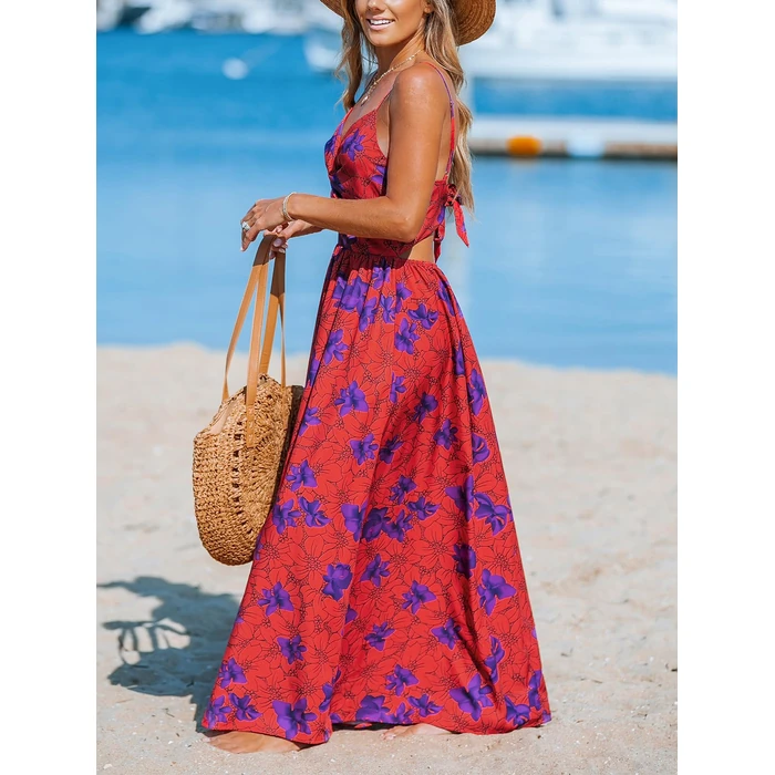 CUPSHE Womens Summer Dresses Casual V Neck Sleeveless Beach Pockets Long Maxi Bridesmaid Dress Purple Floral, S by CUPSHE - Image 4