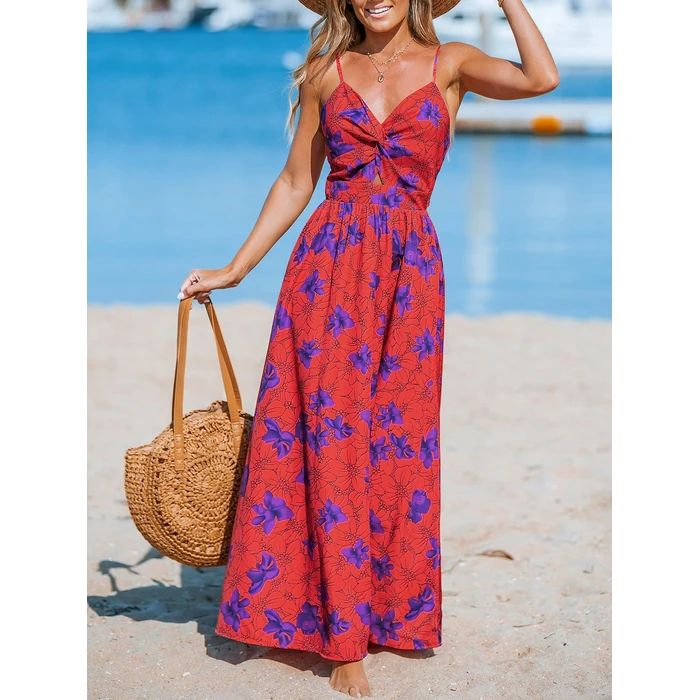 CUPSHE Womens Summer Dresses Casual V Neck Sleeveless Beach Pockets Long Maxi Bridesmaid Dress Purple Floral, S by CUPSHE - Image 5