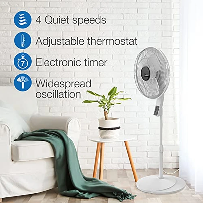 Lasko S16614 Oscillating Adjustable Pedestal Stand Fan with Timer, Thermostat and Remote for Indoor, Bedroom, Living Room, Home Office & College Dorm Use - 16-inch, White, 16 Inch by Lasko - Image 3