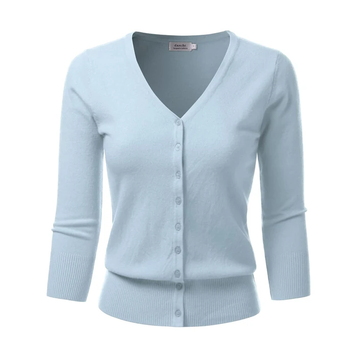 danibe Women's 3/4 Sleeve V-Neck Button Down Knit Sweater Soft Cardigan Iceblue M by danibe - Used - Like New condition