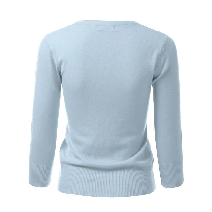 danibe Women's 3/4 Sleeve V-Neck Button Down Knit Sweater Soft Cardigan Iceblue M by danibe - Image 3