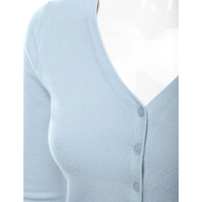 danibe Women's 3/4 Sleeve V-Neck Button Down Knit Sweater Soft Cardigan Iceblue M by danibe - Image 4