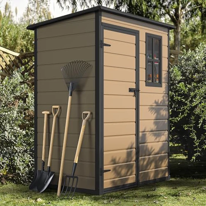 DWVO 5x3ft Resin Outdoor Storage Shed with Floor, Waterproof Lockable Storage Shed with Window, Plastic Outside Tool Storage for Garden Backyard Patio Lawn by DWVO - Used - Very Good condition - US$266.79