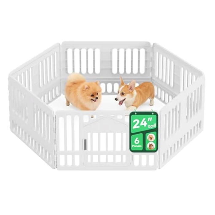 FDW Dog Playpen with Door, 24 Inch Puppy Play Pen for Small Dogs, Indoor Outdoor Plastic Pet Fence, Secure Locking Gate Pen, 38" L x 38" W x 24" H, White (6 Panels) by FDW - Image 1