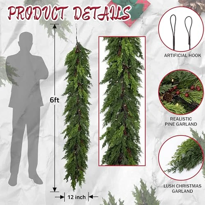 6 Feet Christmas Garland - Real Touch Cedar Garland - Realistic Greenery Cypress Pine Garland for Wall,Table,Fireplace,Mantle,Indoor Outdoor - Christmas Decorations - Free Battery LED Lights by WHANLEY L&Q - Image 3