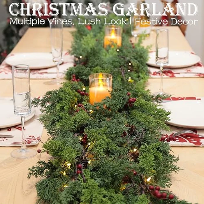 6 Feet Christmas Garland - Real Touch Cedar Garland - Realistic Greenery Cypress Pine Garland for Wall,Table,Fireplace,Mantle,Indoor Outdoor - Christmas Decorations - Free Battery LED Lights by WHANLEY L&Q - Image 6