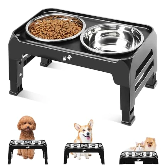 COMESOON Elevated Dog Bowls for Small Medium Dogs, 3 Height Adjustable Raised Stand with 2 Thick 6" Stainless Steel Food Bowls, Non-Slip Feeder Adjusts to 2.75", 6", 7.5", Black by COMESOON - Used - Very Good condition - US$14.63