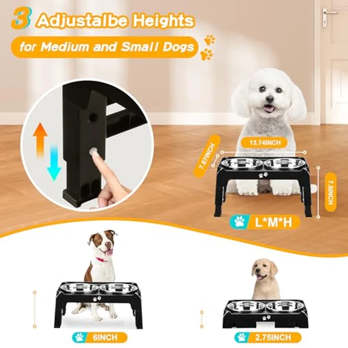 COMESOON Elevated Dog Bowls for Small Medium Dogs, 3 Height Adjustable Raised Stand with 2 Thick 6" Stainless Steel Food Bowls, Non-Slip Feeder Adjusts to 2.75", 6", 7.5", Black by COMESOON - Image 2