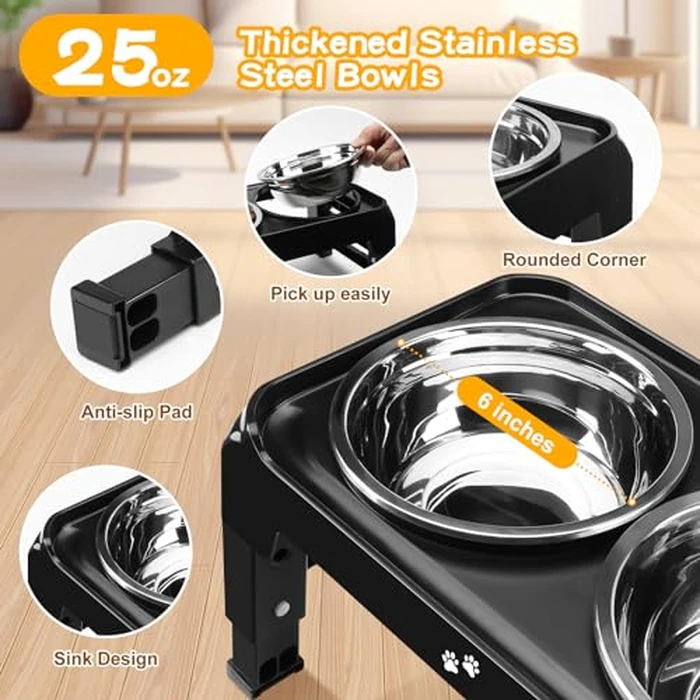 COMESOON Elevated Dog Bowls for Small Medium Dogs, 3 Height Adjustable Raised Stand with 2 Thick 6" Stainless Steel Food Bowls, Non-Slip Feeder Adjusts to 2.75", 6", 7.5", Black by COMESOON - Image 3