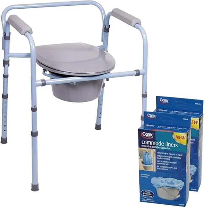 Carex 3-in-1 Folding Bedside Commode with 14 Pack Commode Liners - Porta Potty for Adults - Portable Toilet Supports Up to 300lbs, Bedside Commodes for Seniors and Commode Chair by Carex - Used - Like New condition - US$17.72