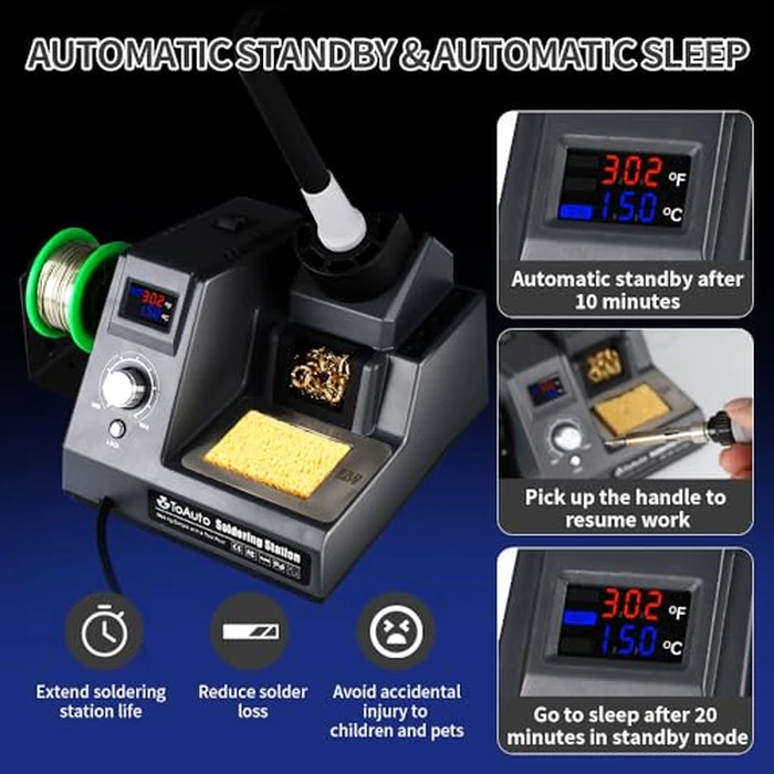 TOAUTO DS90 Soldering Station- degreesF & ℃ Dual Digital Display Soldering Iron Station Kit,90W Soldering Iron,302 degreesF 842 degreesF Temperature, Anti-Static Design & Grounding Wire, Auto Standby & Sleep,5 Solder Tips by TOAUTO - Image 4