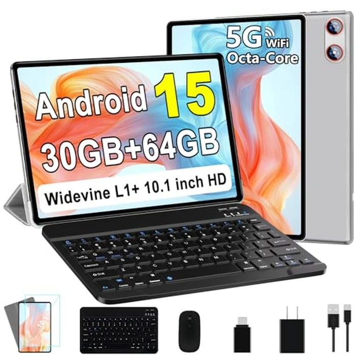 Tablet 10 Inch Android 15 Tablets with Keyboard 30GB+64GB+1TB Expand, Octa-Core Electronics Tablet with 6000mAh, Gemini AI, HD IPS Display, 5G WiFi, BT 5.0, Split Screen, Widevine L1 - Silver by UJJ - Image 1