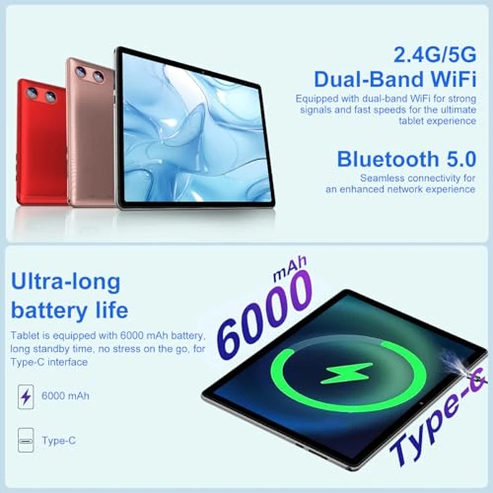 Tablet 10 Inch Android 15 Tablets with Keyboard 30GB+64GB+1TB Expand, Octa-Core Electronics Tablet with 6000mAh, Gemini AI, HD IPS Display, 5G WiFi, BT 5.0, Split Screen, Widevine L1 - Silver by UJJ - Image 4