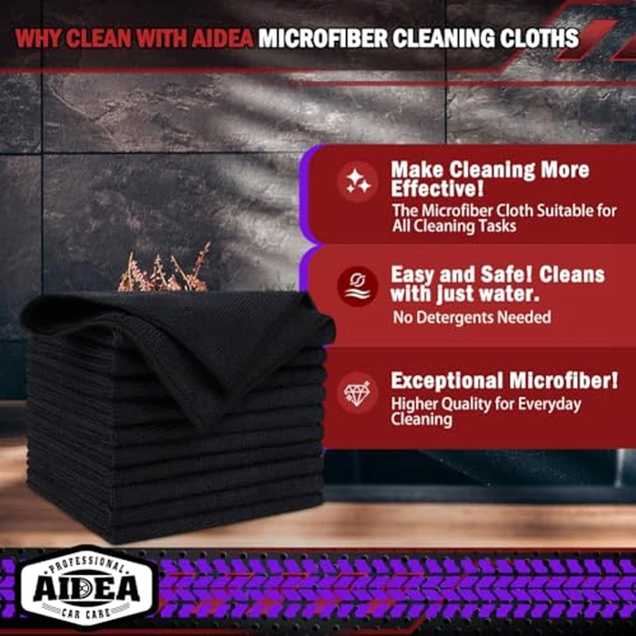 AIDEA Microfiber Cleaning Cloths Black 50PK, Microfiber Towels for Cars, Premium Car Cloth, Dusting Cloth Lint Free Cleaning Rags for SUVs, House, Kitchen, Window, Workshops,12x12" by AIDEA - Image 2