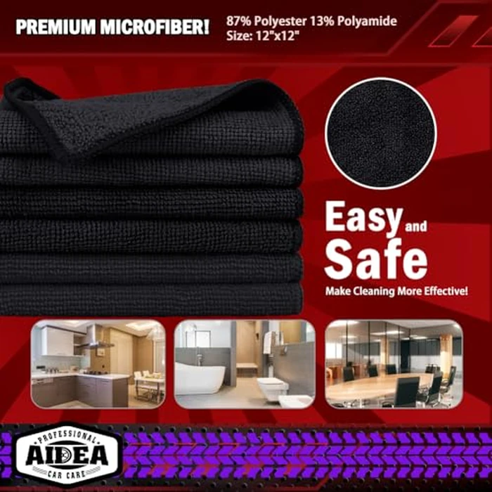 AIDEA Microfiber Cleaning Cloths Black 50PK, Microfiber Towels for Cars, Premium Car Cloth, Dusting Cloth Lint Free Cleaning Rags for SUVs, House, Kitchen, Window, Workshops,12x12" by AIDEA - Image 8