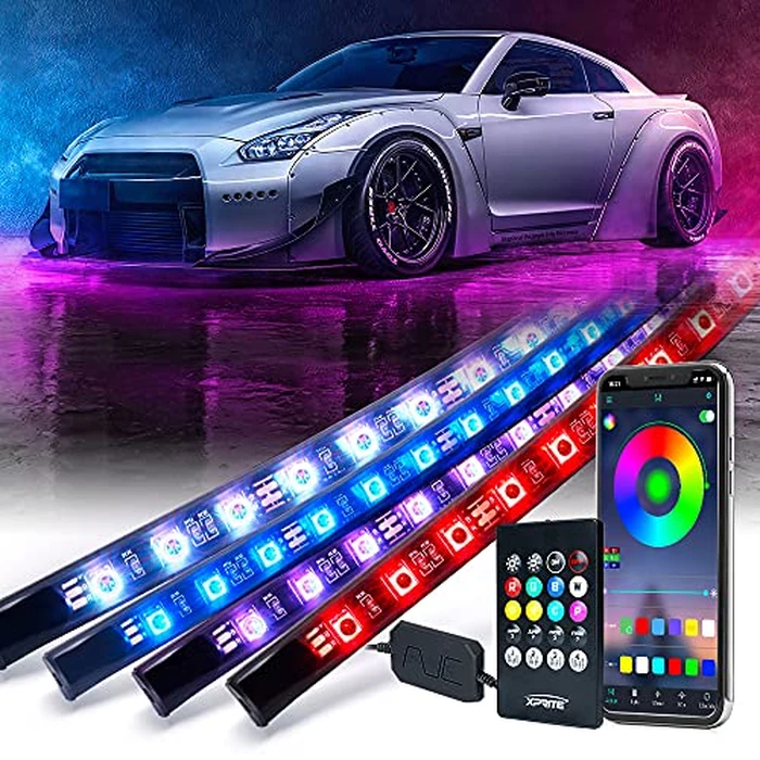 Xprite 4Pcs Underglow LED Lights for Cars, 8 Color RGB 252 LEDs Sound Active Function Music Mode Underglow Kit, Bluetooth APP & Remote Control, Waterproof Underbody Neon Strip Light for Car SUV Truck by Xprite - Image 1