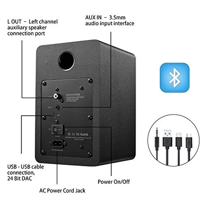 Sanyun SW208 3" Active Bluetooth 5.0 Bookshelf Speakers - 60W Carbon Fiber Speaker Unit - Built-in 24bit DAC - Dynamic 3D Surround Sound - 2.0 Computer PC Monitor Gaming Speakers (Pair, Black) by Sanyun - Image 4