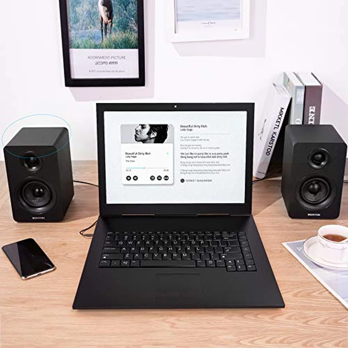 Sanyun SW208 3" Active Bluetooth 5.0 Bookshelf Speakers - 60W Carbon Fiber Speaker Unit - Built-in 24bit DAC - Dynamic 3D Surround Sound - 2.0 Computer PC Monitor Gaming Speakers (Pair, Black) by Sanyun - Image 5
