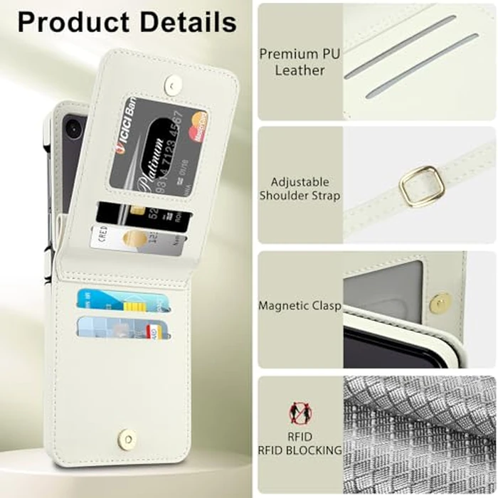 HianDier for Z Flip 7 Case Wallet with Card Holder for Women Gilrs PU Leather with Zipper Slot Detachable Crossbody Strap Shockproof Protective Flip Phone Cover for Galaxy Z Flip 7 Case, White by HianDier - Image 4