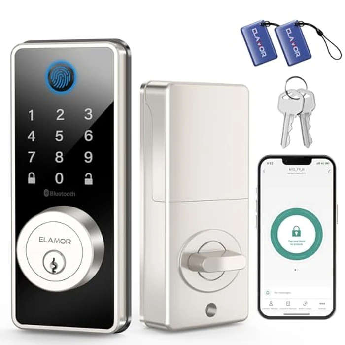 ELAMOR Smart Fingerprint Door Lock, 6-in-1 Keyless Entry Door Lock with Bluetooth App Control, Touchscreen Keypad, Easy to Install, Automatic Locking, Smart Deadbolt for Home Use, ANSI Grade 3 by ELAMOR - Image 1