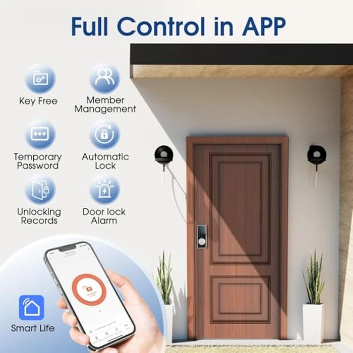 ELAMOR Smart Fingerprint Door Lock, 6-in-1 Keyless Entry Door Lock with Bluetooth App Control, Touchscreen Keypad, Easy to Install, Automatic Locking, Smart Deadbolt for Home Use, ANSI Grade 3 by ELAMOR - Image 3