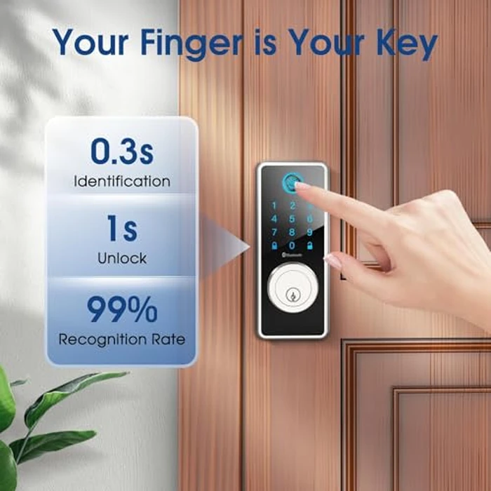 ELAMOR Smart Fingerprint Door Lock, 6-in-1 Keyless Entry Door Lock with Bluetooth App Control, Touchscreen Keypad, Easy to Install, Automatic Locking, Smart Deadbolt for Home Use, ANSI Grade 3 by ELAMOR - Image 4