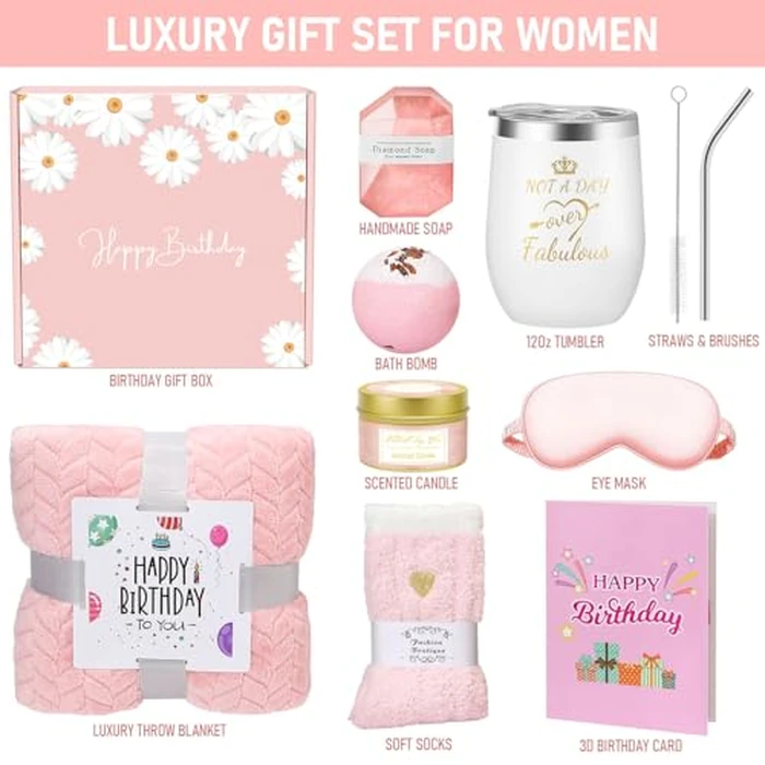 Birthday Gifts for Women Friendship, Happy Birthday Gifts Basket for Mom Friend Sister Wife Her Birthday Gift Unique, Luxury Self Care Gift Rose Relaxing Spa Gifts Set with 3D Birthday Card for Women by Wasocol - Image 2