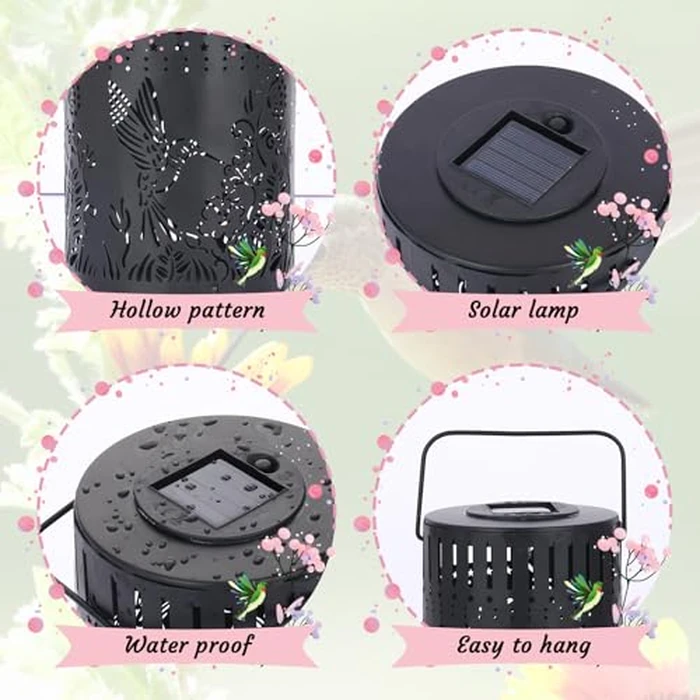LWHZHE Hummingbird Metal Solar Lanterns Outdoor Waterproof Black Solar Lights Hanger for Garden Decor Flying Bird and Flowers Decorative Lanterns for Yard Patio Lawn or Table (Hummingbird-Round, 1) by LWHZHE - Image 4