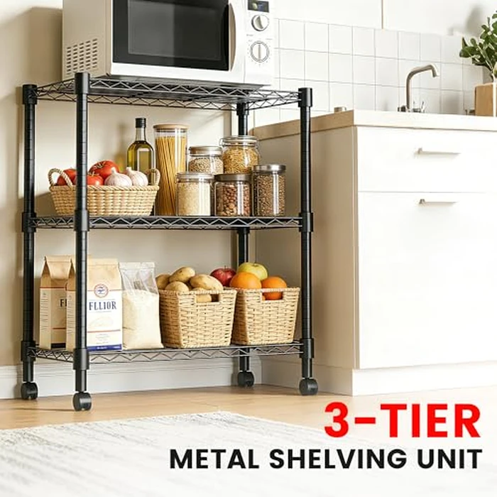 Xcity Storage Shelves, 3 Tier Heavy Duty Metal Shelving Unit with Wheels, 1050 LBS Adjustable Steel Wire Shelf for Commercial, Pantry, Kitchen, Garage, 14" D x 24" W x 30" H, Black by Xcity - Image 2