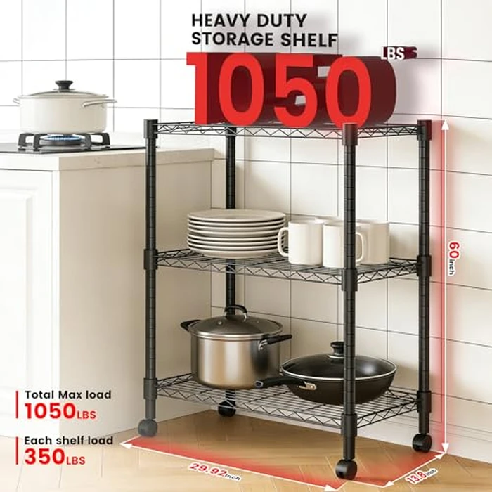 Xcity Storage Shelves, 3 Tier Heavy Duty Metal Shelving Unit with Wheels, 1050 LBS Adjustable Steel Wire Shelf for Commercial, Pantry, Kitchen, Garage, 14" D x 24" W x 30" H, Black by Xcity - Image 3