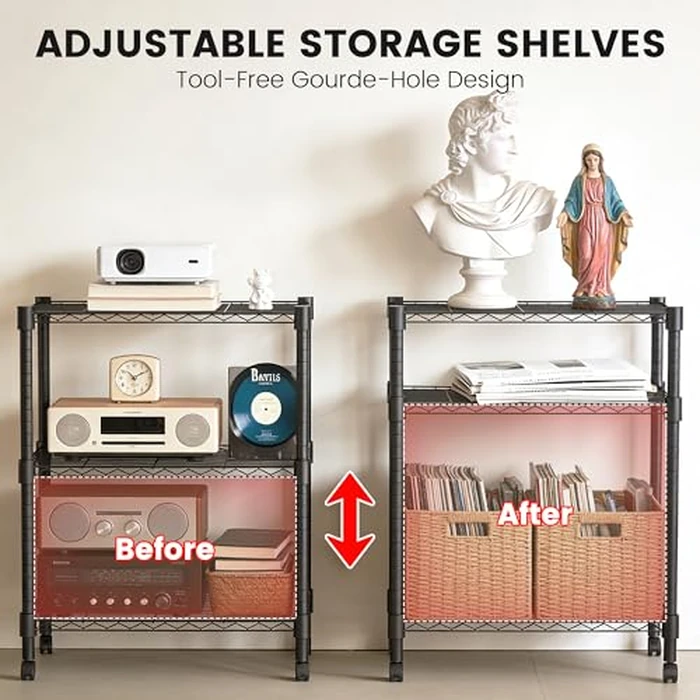 Xcity Storage Shelves, 3 Tier Heavy Duty Metal Shelving Unit with Wheels, 1050 LBS Adjustable Steel Wire Shelf for Commercial, Pantry, Kitchen, Garage, 14" D x 24" W x 30" H, Black by Xcity - Image 4