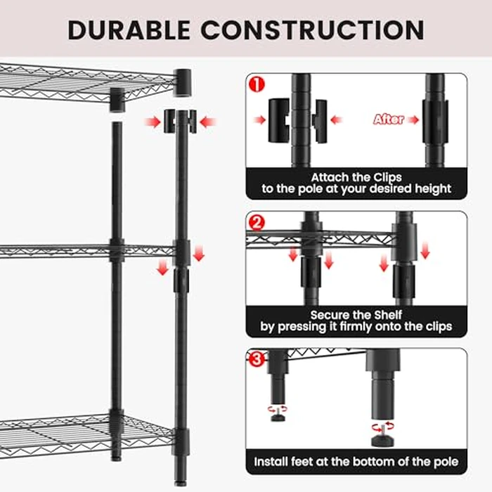 Xcity Storage Shelves, 3 Tier Heavy Duty Metal Shelving Unit with Wheels, 1050 LBS Adjustable Steel Wire Shelf for Commercial, Pantry, Kitchen, Garage, 14" D x 24" W x 30" H, Black by Xcity - Image 6