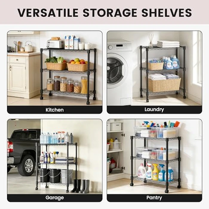 Xcity Storage Shelves, 3 Tier Heavy Duty Metal Shelving Unit with Wheels, 1050 LBS Adjustable Steel Wire Shelf for Commercial, Pantry, Kitchen, Garage, 14" D x 24" W x 30" H, Black by Xcity - Image 7