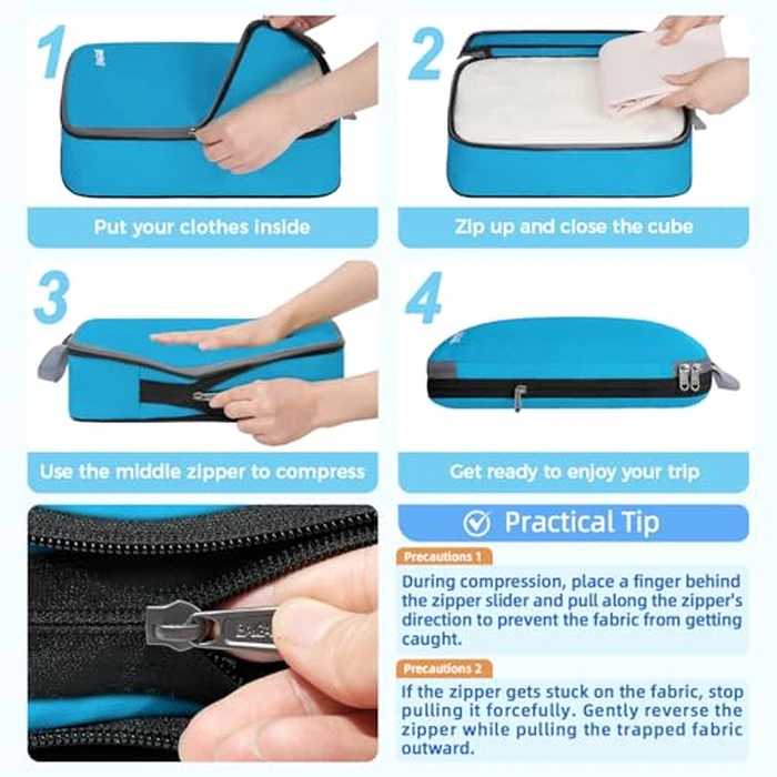 BAGAIL 4 Set/6 Set/8 Set Compression Packing Cubes Travel Accessories Expandable Packing Organizers (Cloth Pattern, 4-Blue) by BAGAIL - Image 4